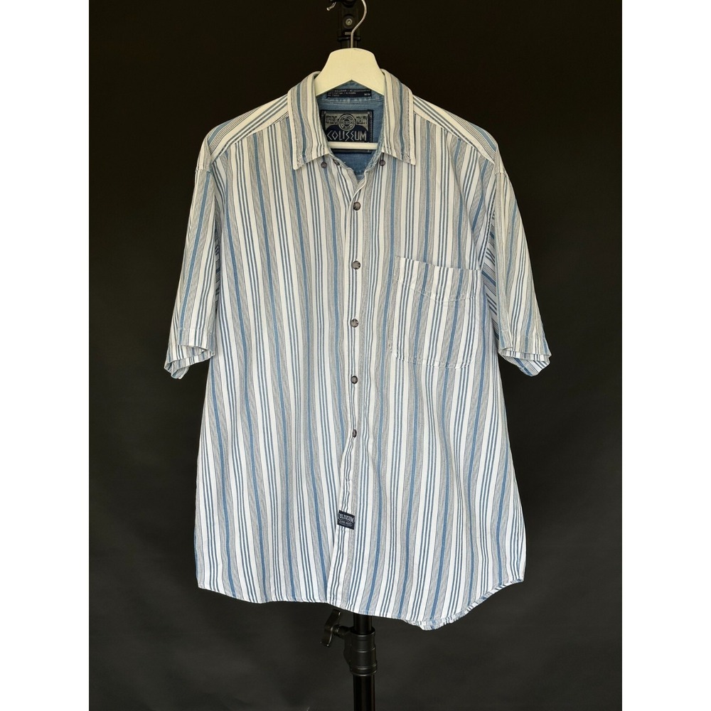 Coliseum Blues Vintage Short Sleeve Button Up Shirt Blue and White Medium
